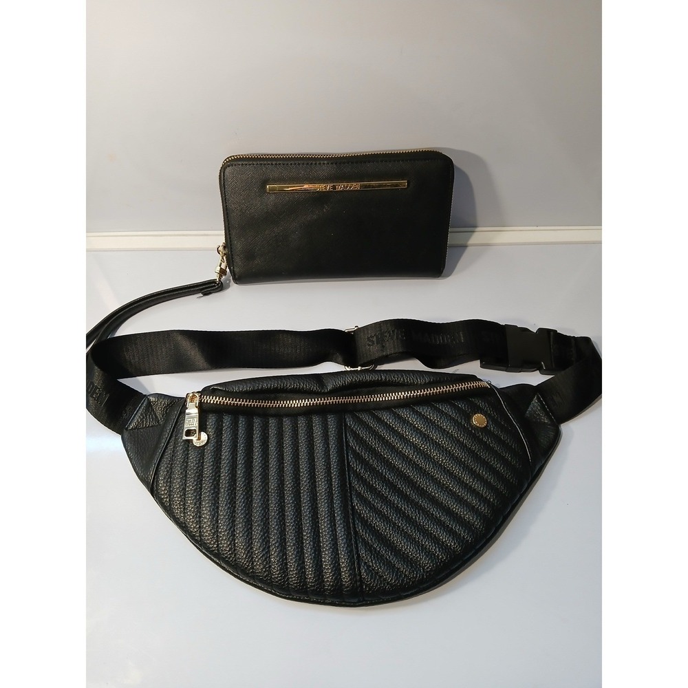 Steve Madden Black Quilted Convertible Fanny Pack Belt Bag & Matching Wallet Set